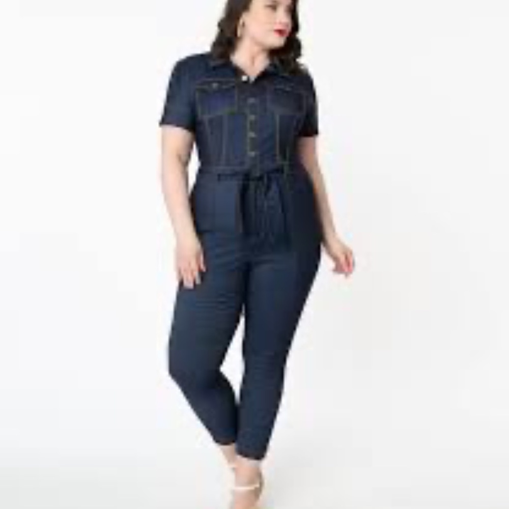 Unique Vintage Blue Denim Skinny Jumpsuit